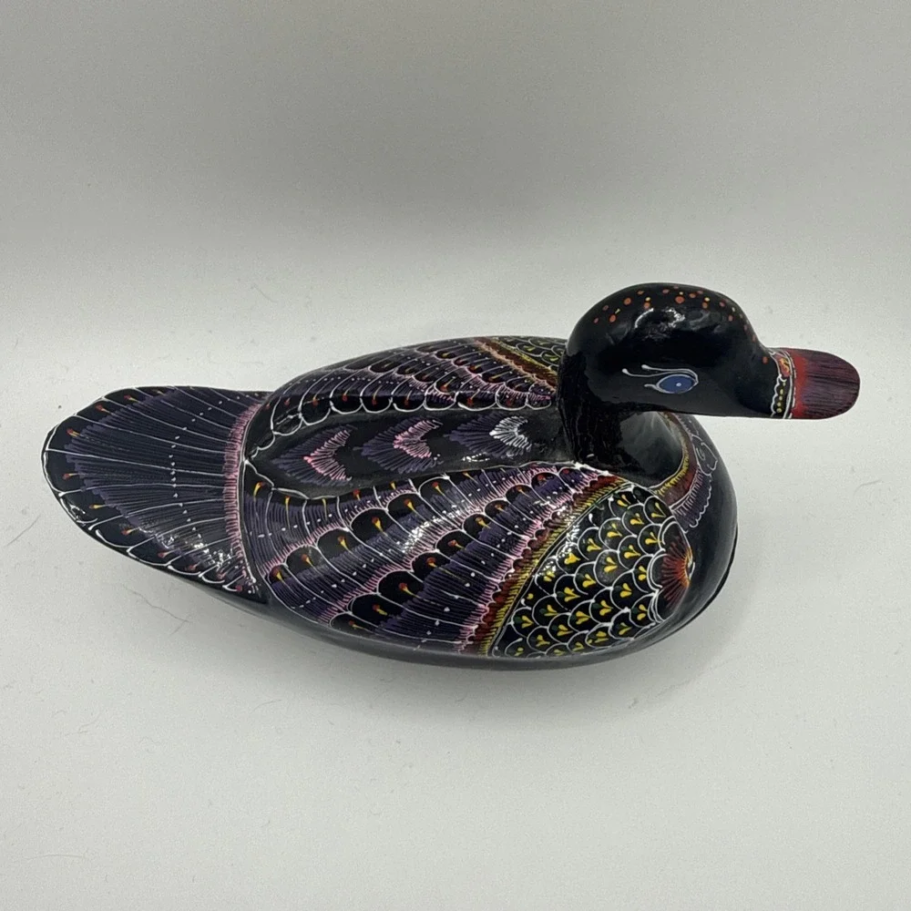 Black Lacquer Wooden Duck Trinket Box Hand Painted Thailand 5